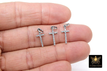 CZ Silver Cross Charms, 925 Sterling Silver Oxidized Cross #758, Gold Cubic Zirconia Long Dainty Cross Jewelry